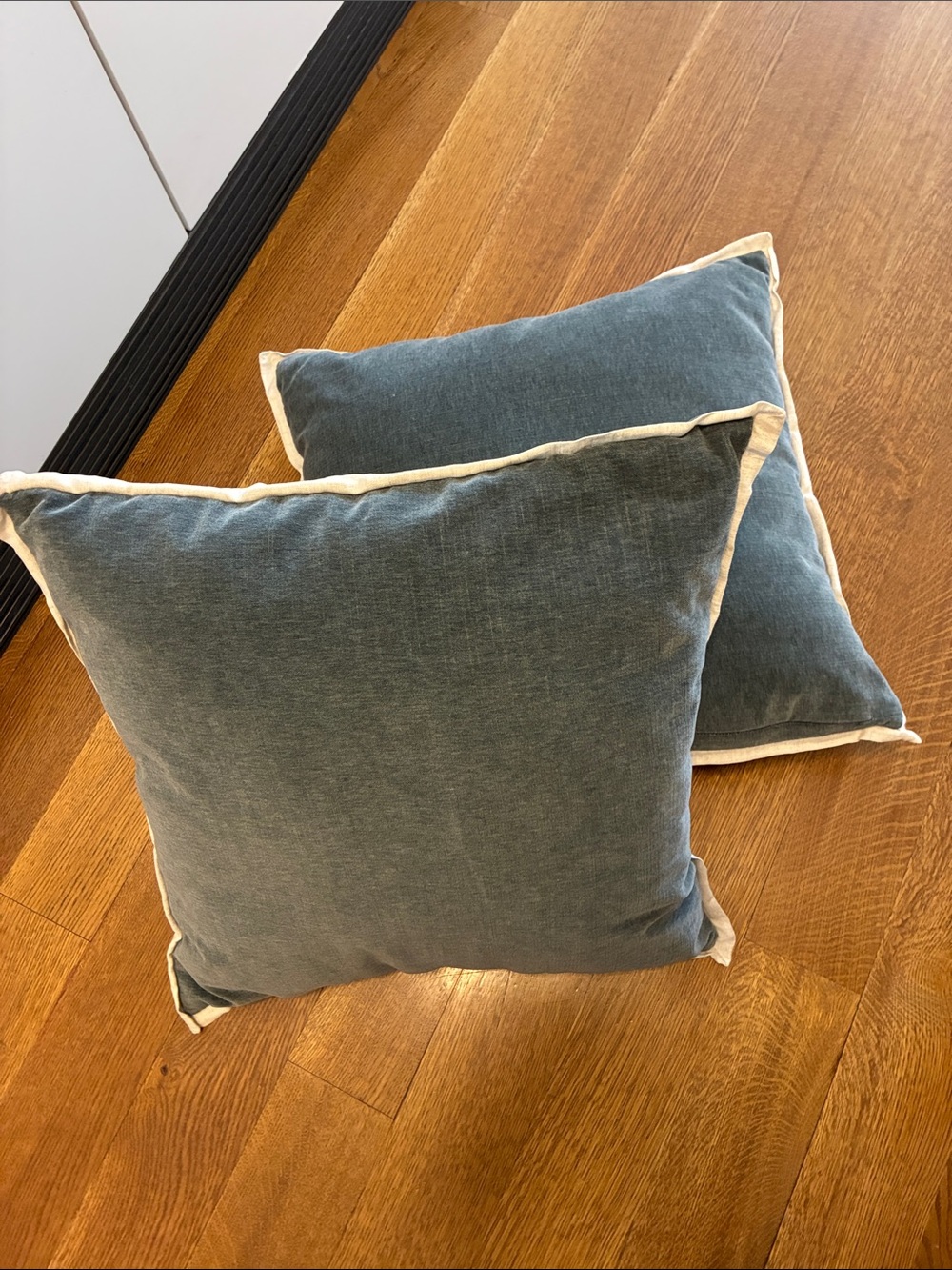 West Elm Blue Velvet Pillow with Cream Piping
